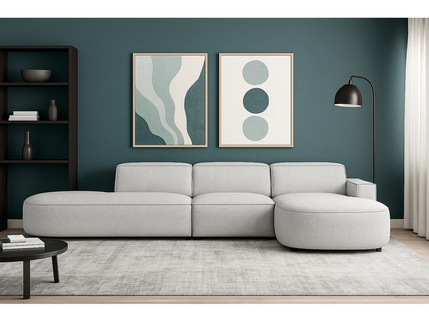 Canapé d’angle modulable CURSAL F – angle droit, 364×166×70 cm, gris clair Raven 6, méridiennes arrondies, autoportant