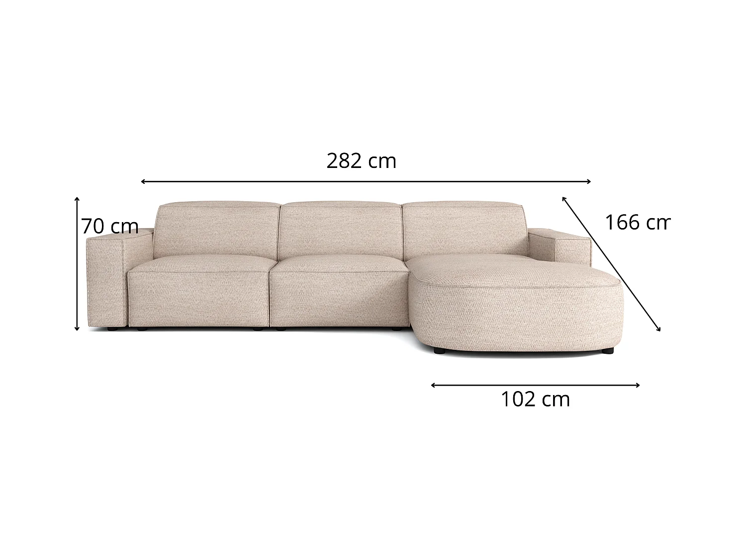 Canapé d’angle modulaire Cursal B droit – 282 × 166 cm, gris clair Raven 6, design moderne