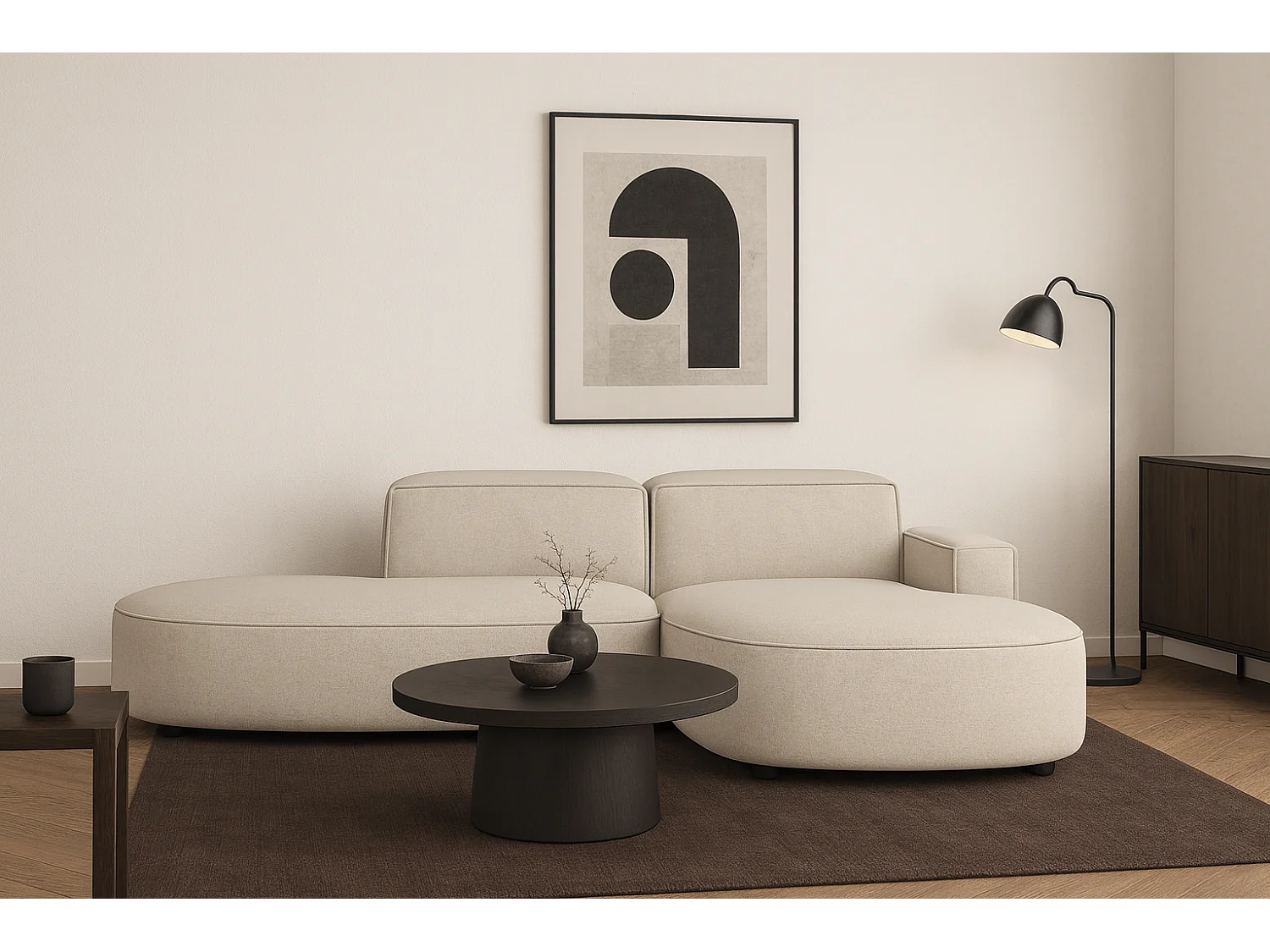 Canapé d’angle modulable  CURSAL G –  angle droit, 284×166×70 cm, crème Raven 24 méridiennes arrondies, autoportant