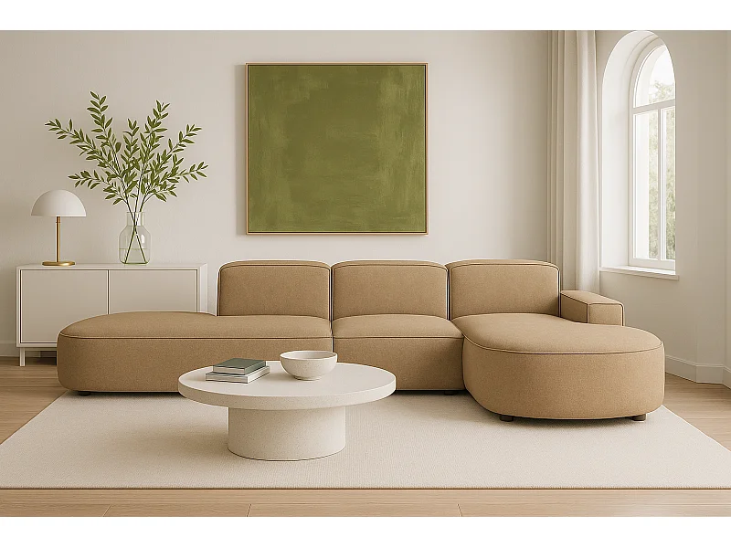 Narożnik modułowy CURSAL F prawostronny 364×166×70 cm jasno brązowy Raven 34 – zaokrąglone leżanki, wolnostojący