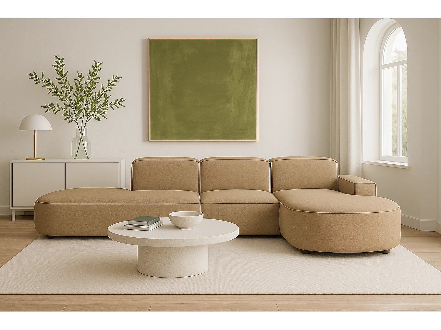 Canapé d’angle modulable CURSAL F – angle droit,, 364×166×70 cm, marron clair Raven 34, méridiennes arrondies, autoportant