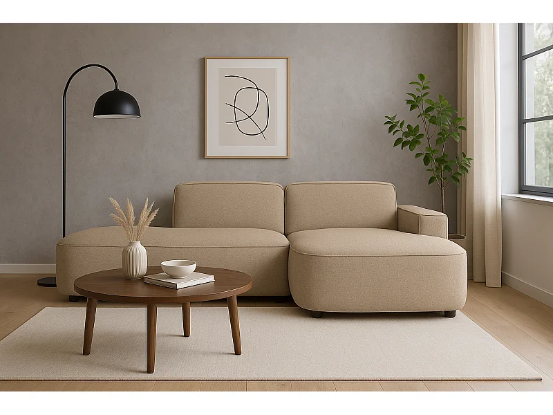 Modulaire hoekbank CURSAL G – chaise longue  rechts, 284×166×70 cm,  beige Raven 30, afgeronde chaiselongues, vrijstaand