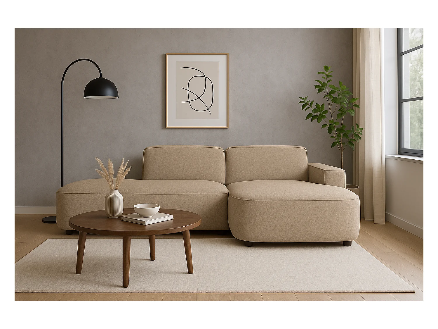 Canapé d’angle modulable  CURSAL G –  angle droit, 284×166×70 cm, beige Raven 30 méridiennes arrondies, autoportant