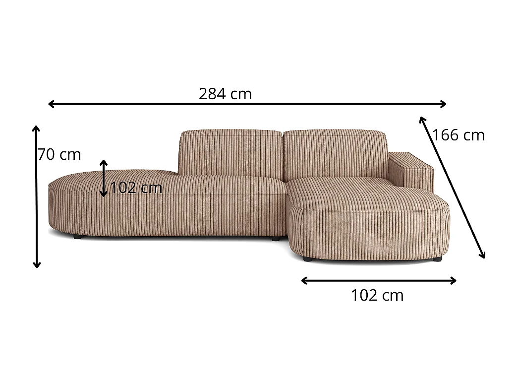 Canapé d’angle modulable  CURSAL G –  angle droit, 284×166×70 cm, beige Raven 30 méridiennes arrondies, autoportant
