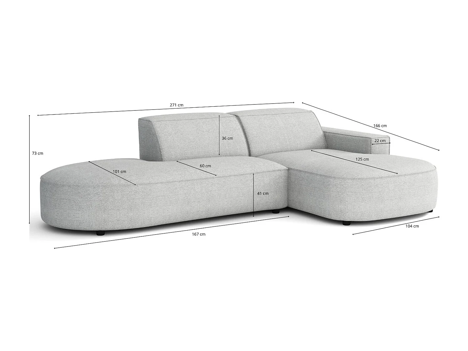 Canapé d’angle modulable  CURSAL G –  angle droit, 284×166×70 cm, gris Raven 7 méridiennes arrondies, autoportant