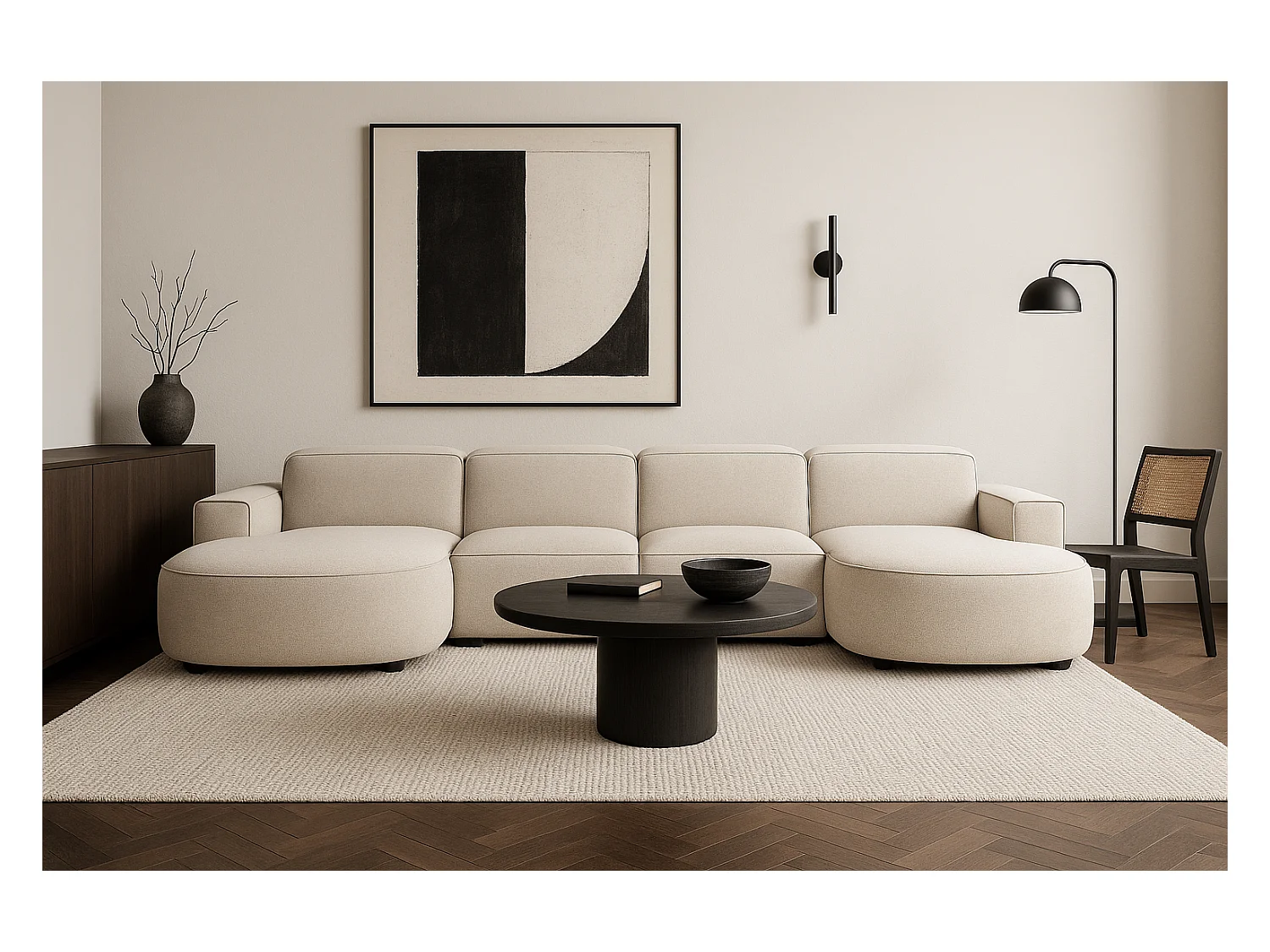 Canapé d’angle modulaire Cursal E – 364 x 166 cm,crème Raven 24, design moderne