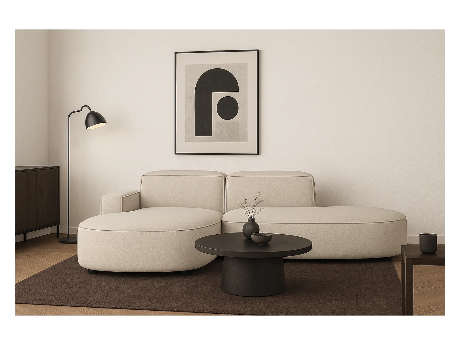 Canapé d’angle modulable  CURSAL G – angle gauche, 284×166×70 cm, crème Raven 24 méridiennes arrondies, autoportant