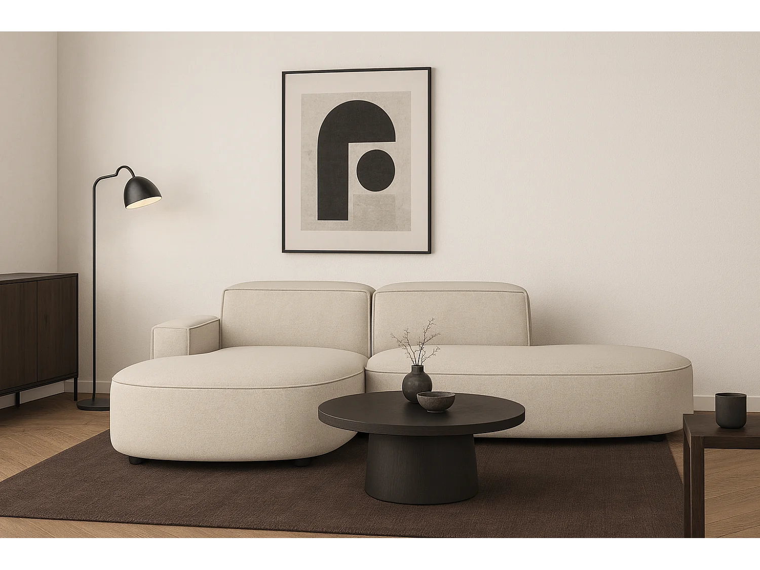 Canapé d’angle modulable  CURSAL G – angle gauche, 284×166×70 cm, crème Raven 24 méridiennes arrondies, autoportant