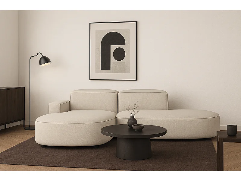 Canapé d’angle modulable  CURSAL G – angle gauche, 284×166×70 cm, crème Raven 24 méridiennes arrondies, autoportant