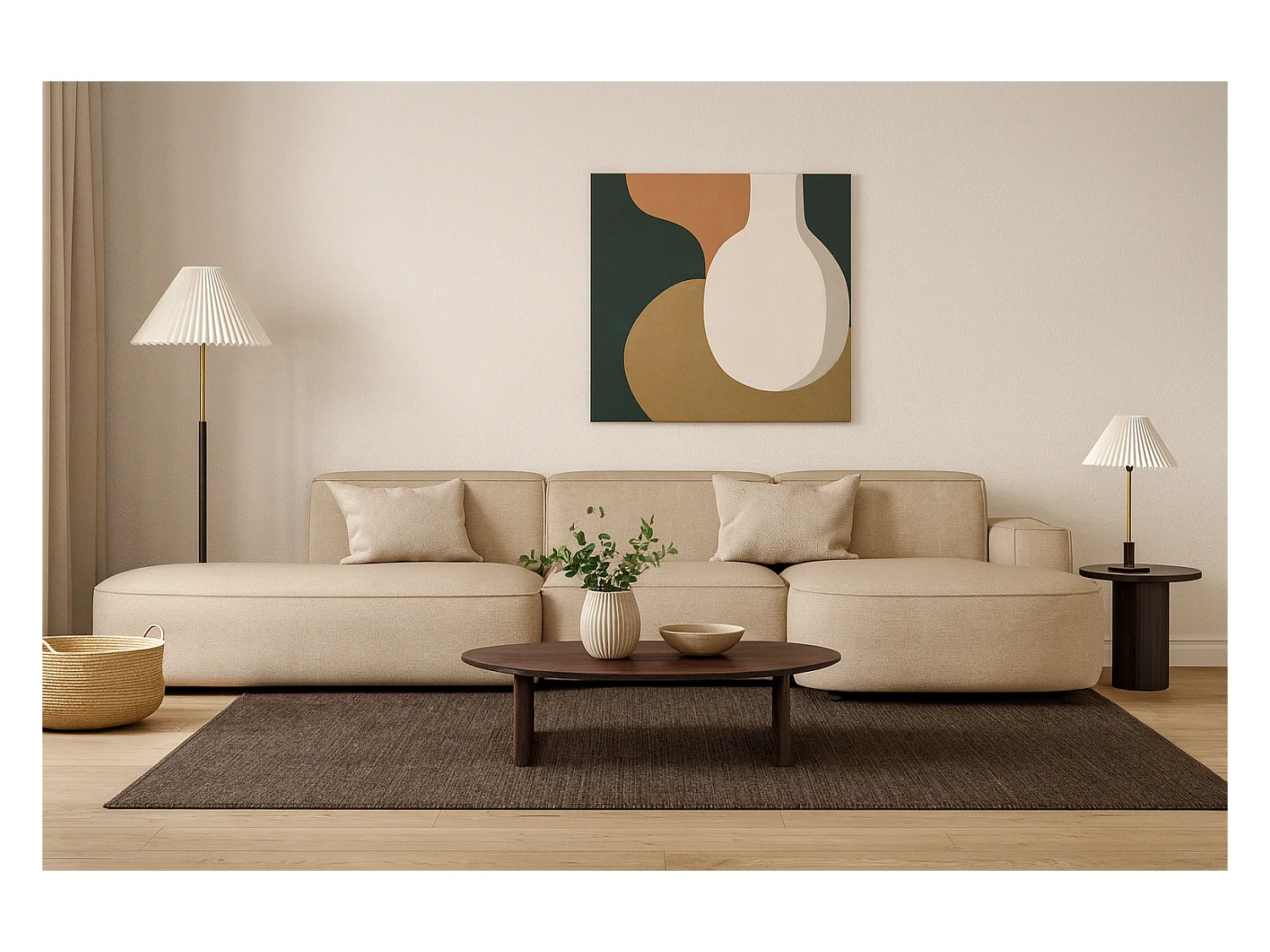 Canapé d’angle modulable CURSAL F – angle droit, 364×166×70 cm, beige Raven 30, méridiennes arrondies, autoportant