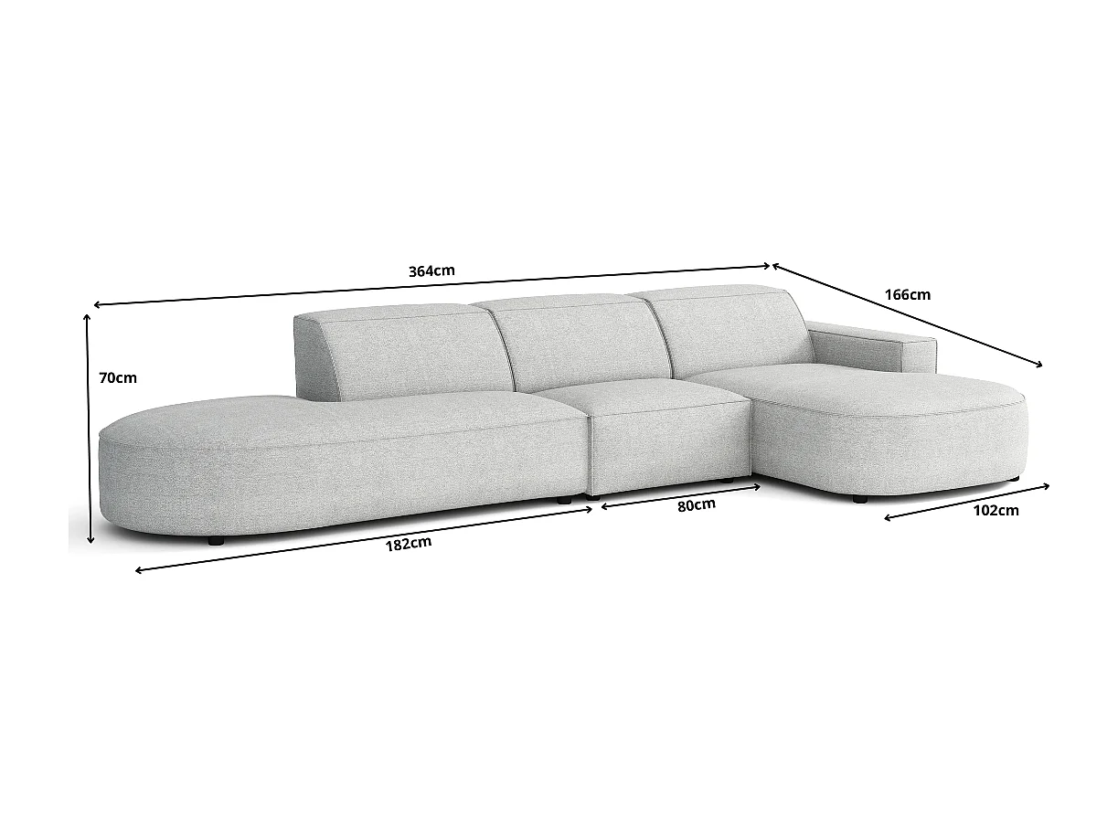 Canapé d’angle modulable CURSAL F – angle droit, 364×166×70 cm, beige Raven 30, méridiennes arrondies, autoportant