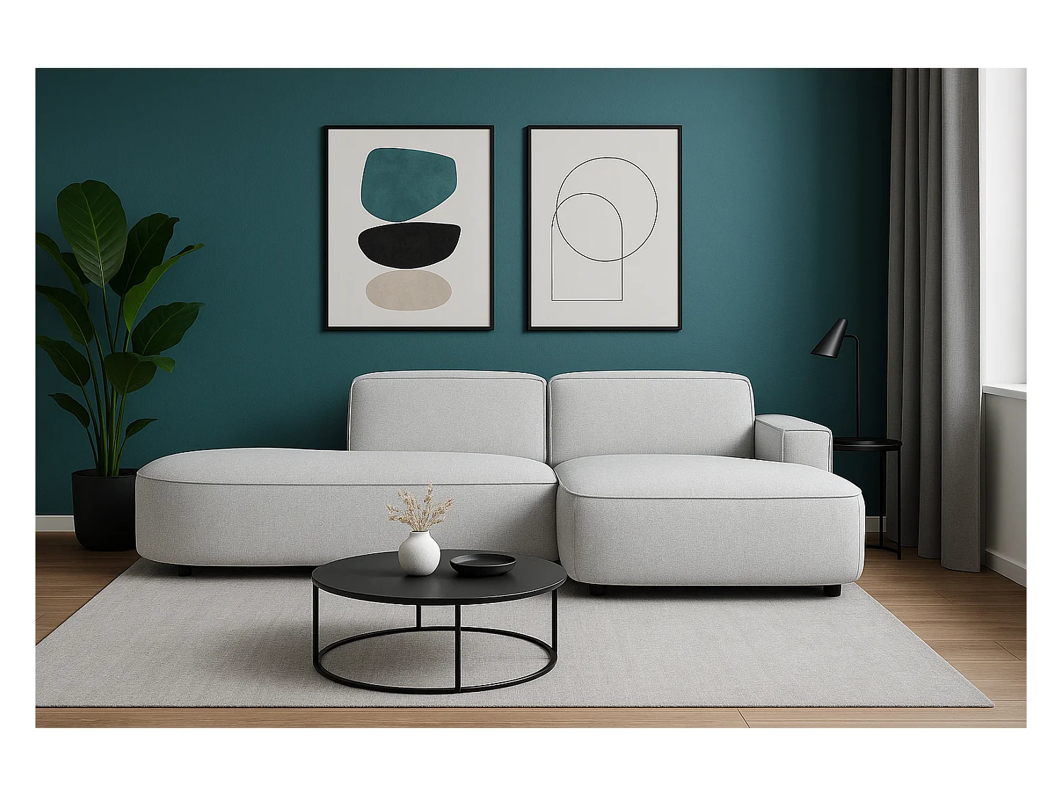 Canapé d’angle modulable  CURSAL G –  angle droit, 284×166×70 cm, gris clair Raven 6 méridiennes arrondies, autoportant