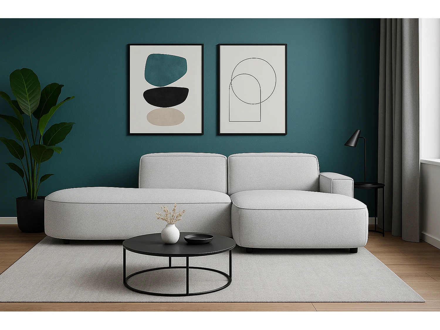 Canapé d’angle modulable  CURSAL G –  angle droit, 284×166×70 cm, gris clair Raven 6 méridiennes arrondies, autoportant