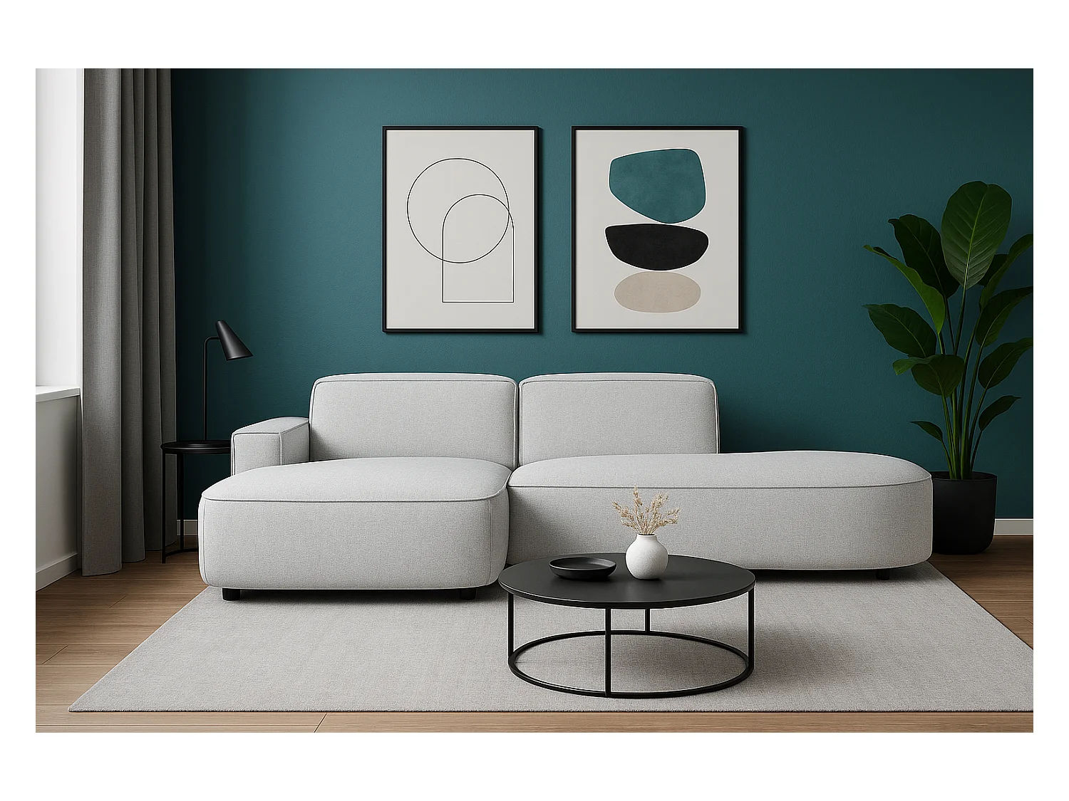 Canapé d’angle modulable  CURSAL G – angle gauche, 284×166×70 cm, gris clair Raven 6 méridiennes arrondies, autoportant