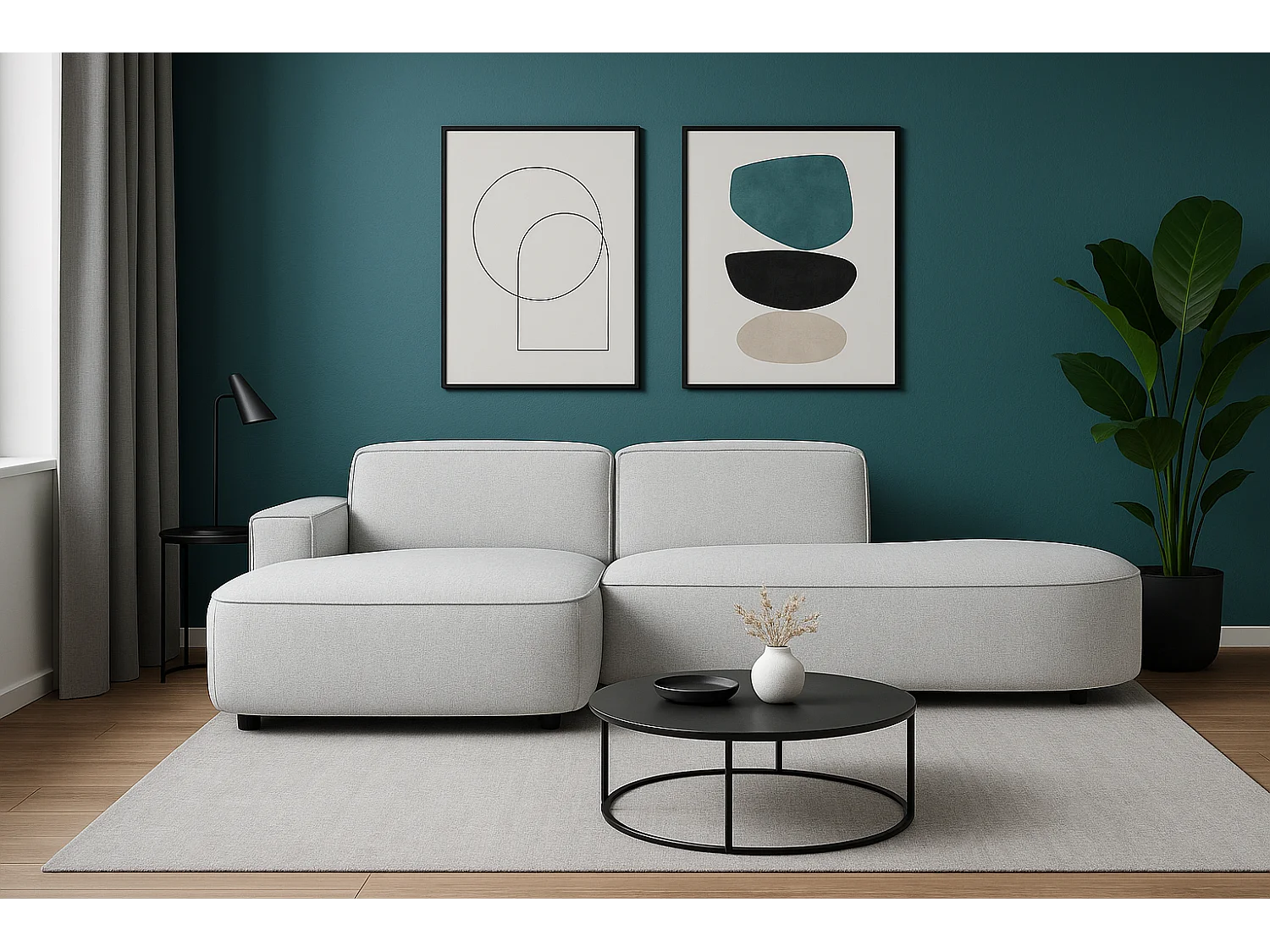 Canapé d’angle modulable  CURSAL G – angle gauche, 284×166×70 cm, gris clair Raven 6 méridiennes arrondies, autoportant