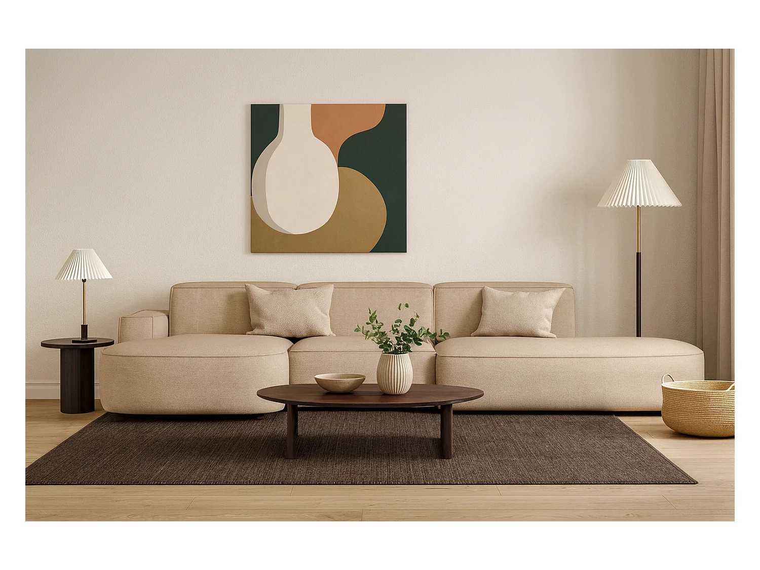 Canapé d’angle modulable CURSAL F – angle gauche, 364×166×70 cm, beige Raven 30, méridiennes arrondies, autoportant