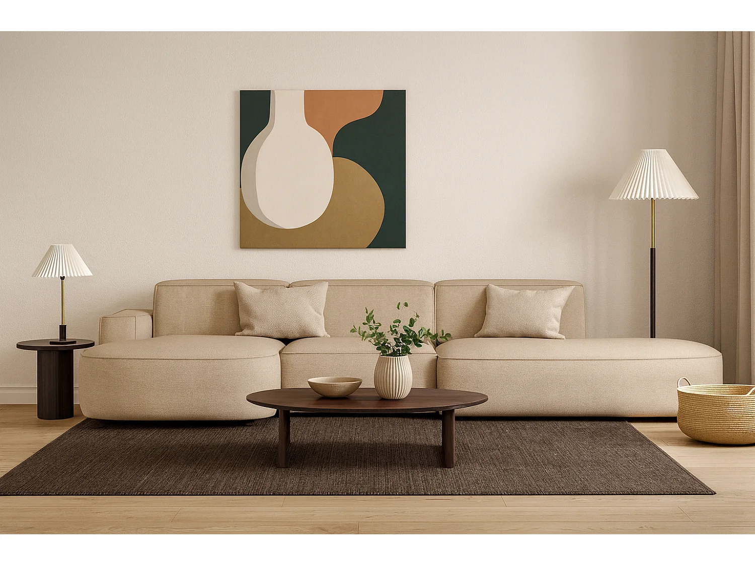 Canapé d’angle modulable CURSAL F – angle gauche, 364×166×70 cm, beige Raven 30, méridiennes arrondies, autoportant