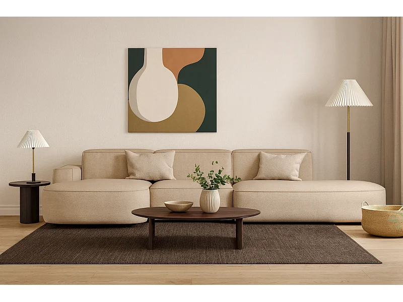 Canapé d’angle modulable CURSAL F – angle gauche, 364×166×70 cm, beige Raven 30, méridiennes arrondies, autoportant