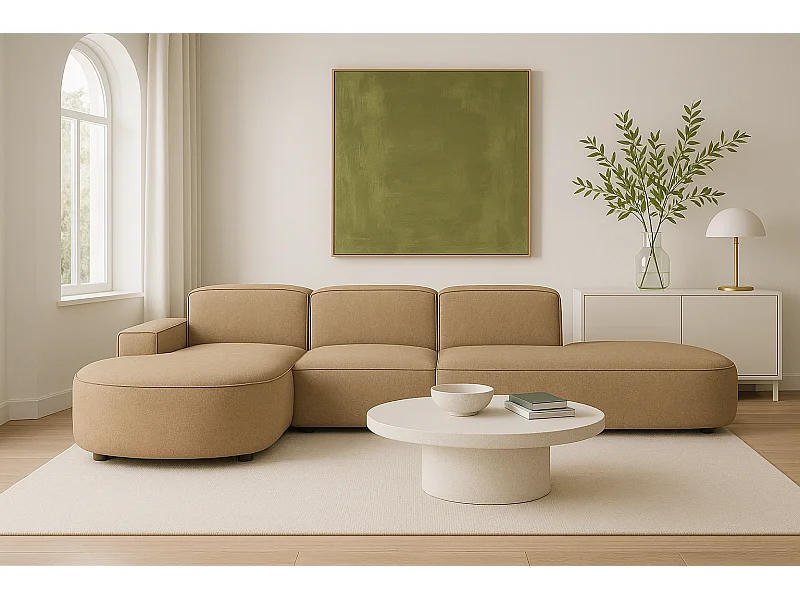 Canapé d’angle modulable CURSAL F – angle gauche, 364×166×70 cm, marron clair Raven 34, méridiennes arrondies, autoportant