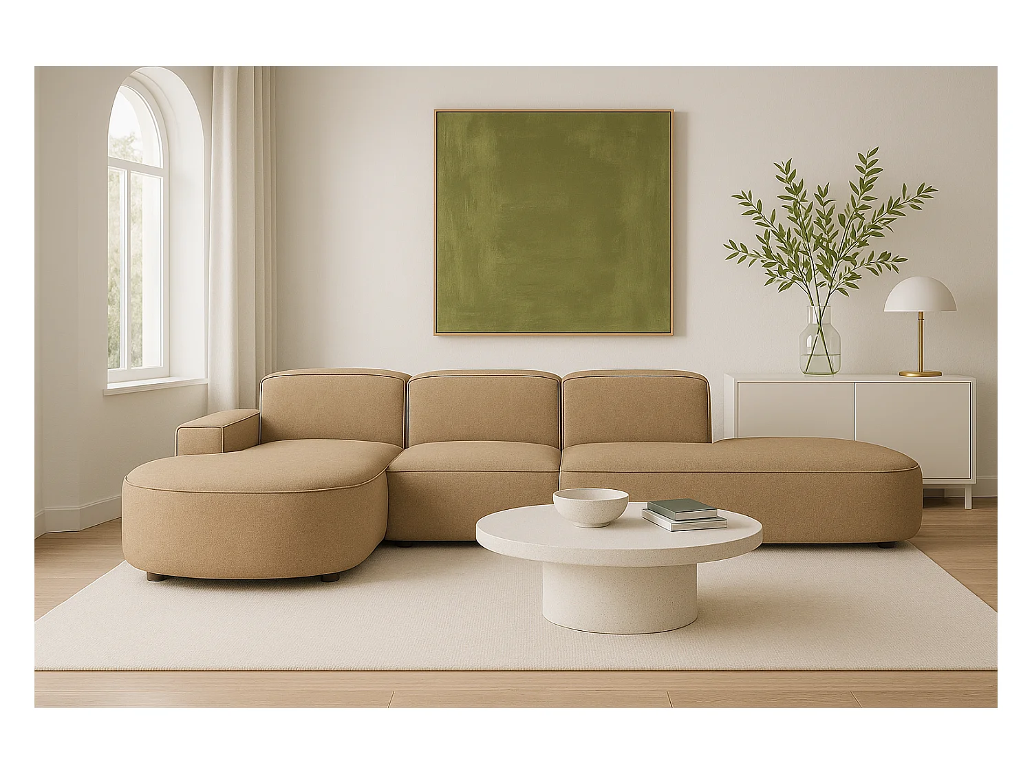 Canapé d’angle modulable CURSAL F – angle gauche, 364×166×70 cm, marron clair Raven 34, méridiennes arrondies, autoportant