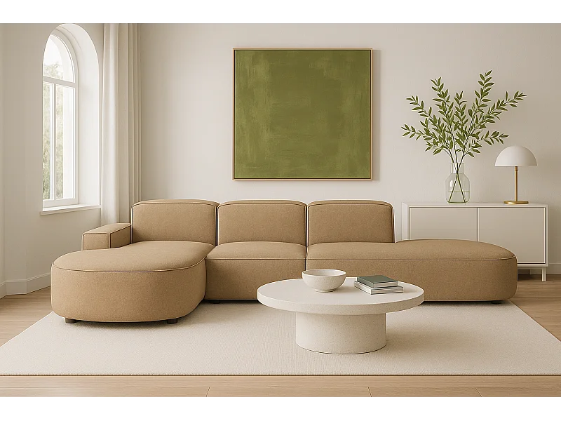 Narożnik modułowy CURSAL F lewostronny 364×166×70 cm brązowy Raven 34 – zaokrąglone leżanki, wolnostojący