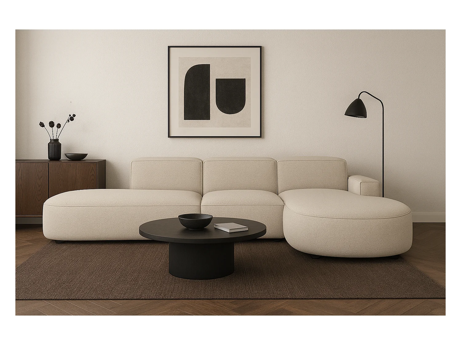 Canapé d’angle modulable CURSAL F – angle droit,, 364×166×70 cm, crème Raven 24, méridiennes arrondies, autoportant