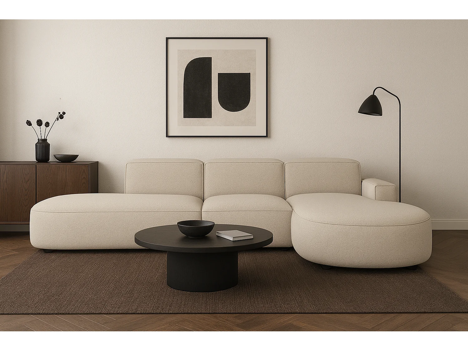 Canapé d’angle modulable CURSAL F – angle droit,, 364×166×70 cm, crème Raven 24, méridiennes arrondies, autoportant