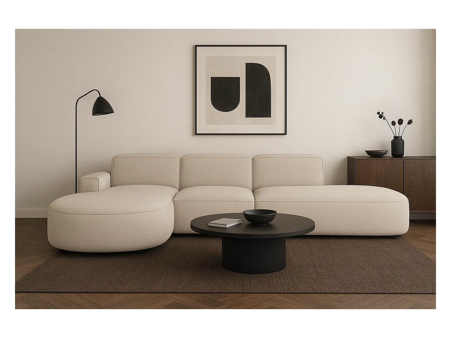 Canapé d’angle modulable CURSAL F – angle gauche, 364×166×70 cm, crème Raven 24, méridiennes arrondies, autoportant