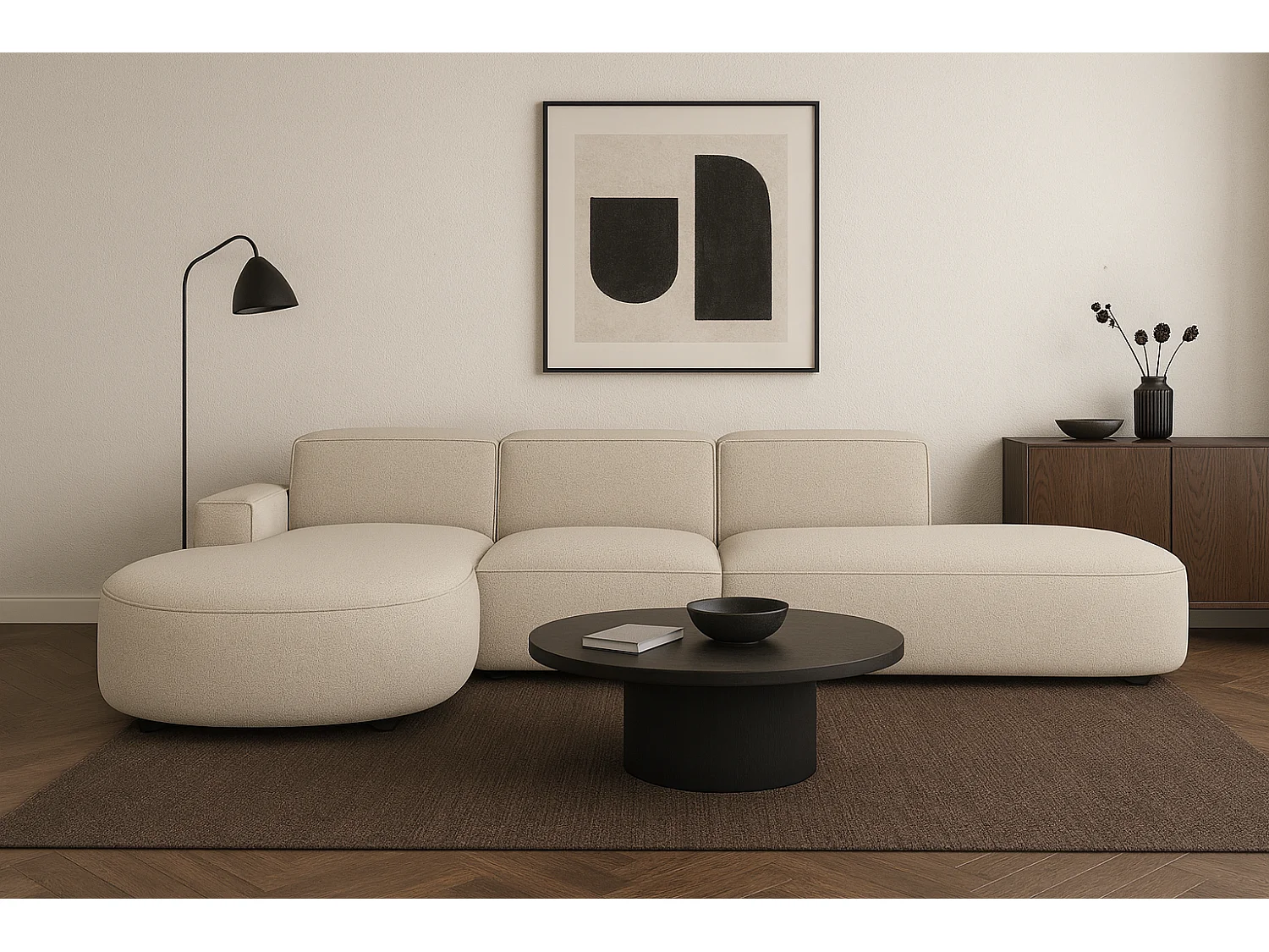 Canapé d’angle modulable CURSAL F – angle gauche, 364×166×70 cm, crème Raven 24, méridiennes arrondies, autoportant