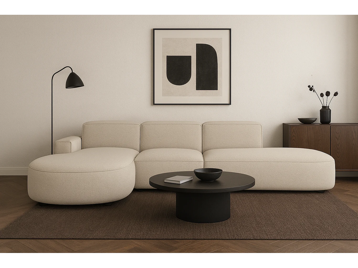 Canapé d’angle modulable CURSAL F – angle gauche, 364×166×70 cm, crème Raven 24, méridiennes arrondies, autoportant