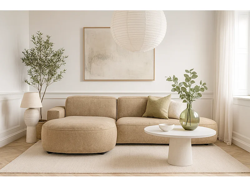 Modulares Ecksofa CURSAL G– Chaiselongue links, 284×166×70 cm, hellbraun Raven 34,  freistehend, abgerundete Formen