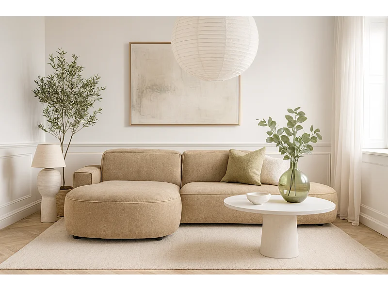 Narożnik modułowy CURSAL G lewostronny 284×166×70 cm – jasno brązowy Raven 34, zaokrąglone leżanki, wolnostojący