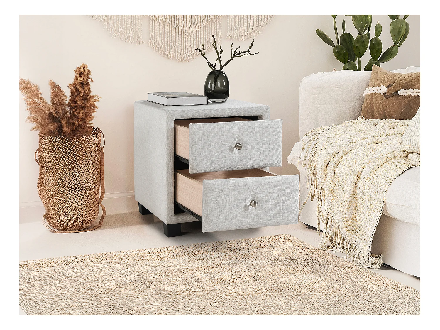 Sæt med 2 sengeborde med 2 skuffer - Stof - Elfenben - PICHONIA