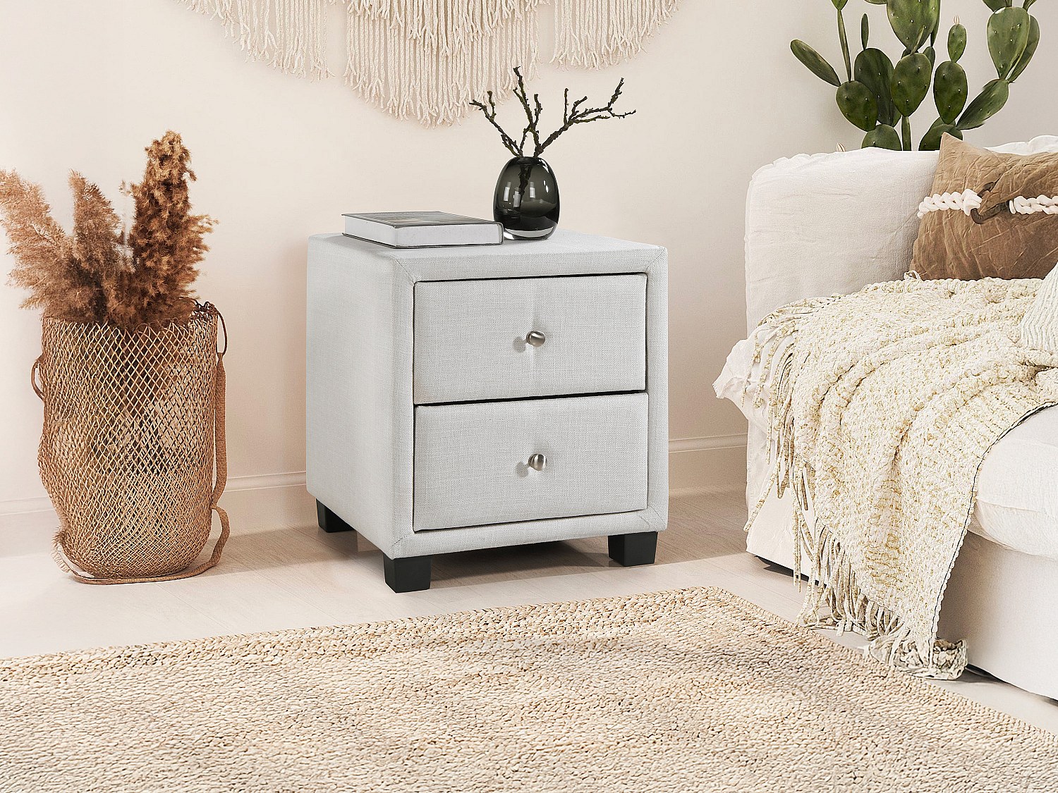 2‑er Set Nachttische mit 2 Schubladen - Stoff - Elfenbein - PICHONIA günstig online kaufen