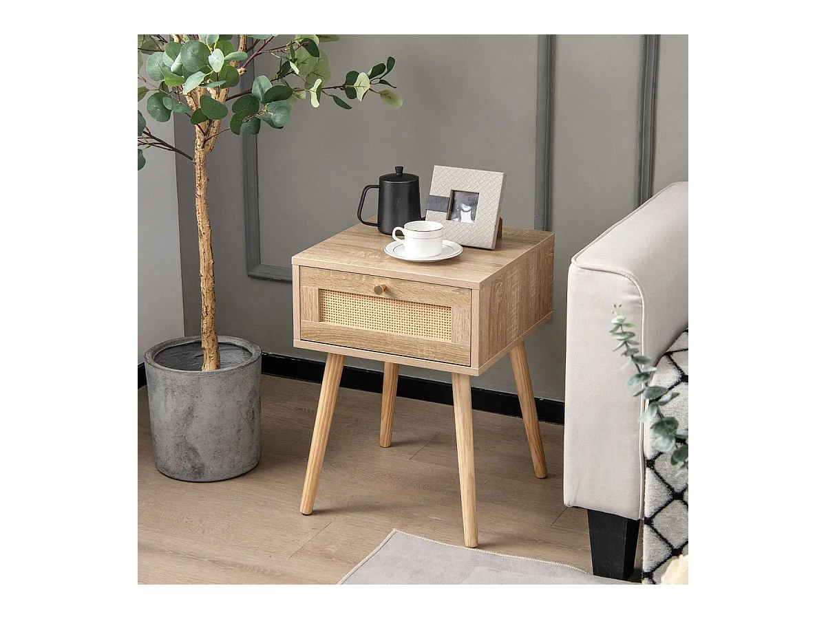 2er Set Rattan Nachttisch mit Schublade Beistelltisch Nachtkommode Nachtkonsole Sofatisch