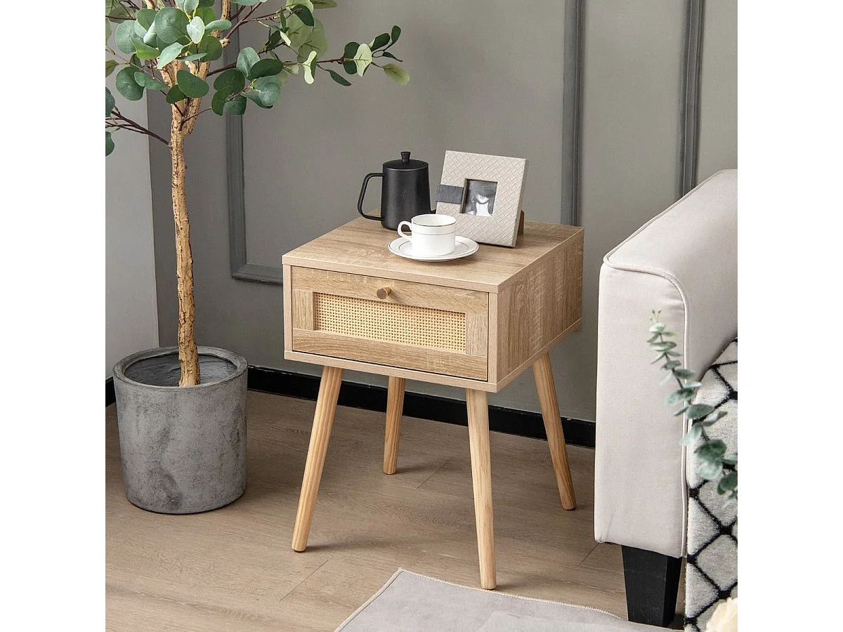 Set di 2 Comodini in rattan con decorazione intrecciata a mano, Tavolini da letto boho in legno stile mid-century Naturale