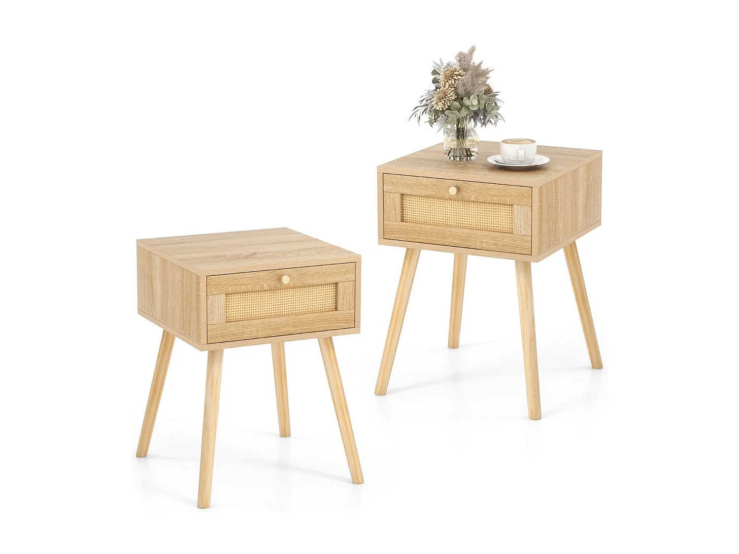 Set di 2 Comodini in rattan con decorazione intrecciata a mano, Tavolini da letto boho in legno stile mid-century Naturale