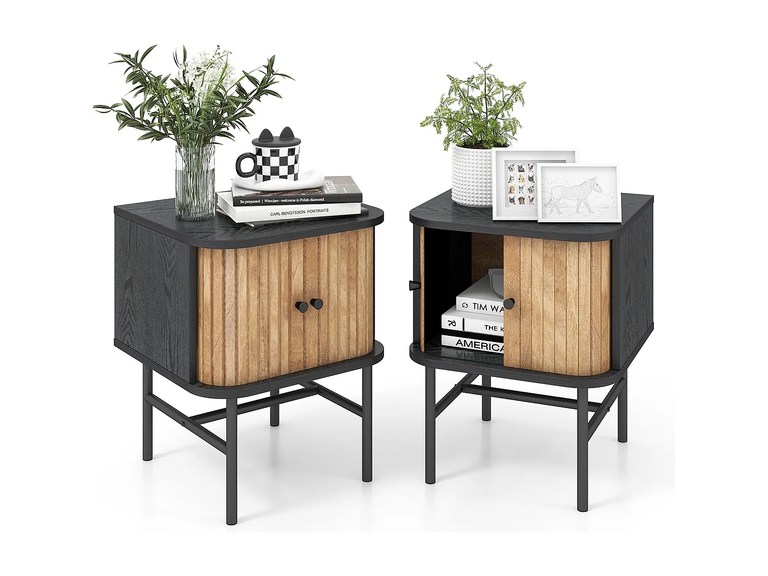 Set di 2 comodini con ante scorrevoli Comodino con vano portaoggetti Tavolino Consolle da letto Nero
