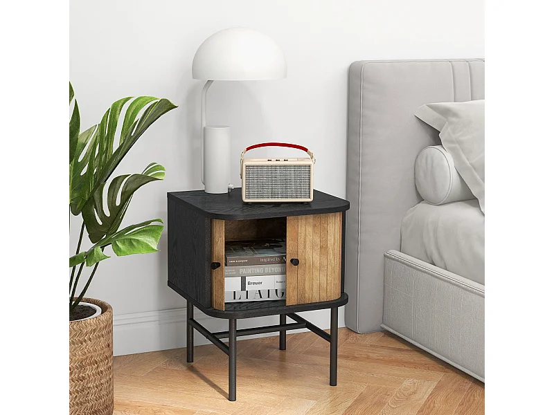 2 Tables de Chevet avec Portes Coulissantes Moderne Du Milieu Du Siècle avec Armoire de Rangement Pieds en Métal Table Compacte Noir