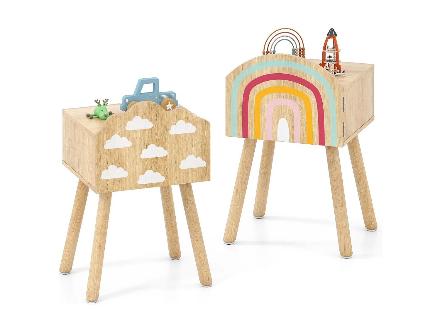 Set de 2 tables de nuit pour enfants Table de nuit avec petite armoire & pieds en bois massif Table d'appoint mignonne 34 x 30 x 54 cm