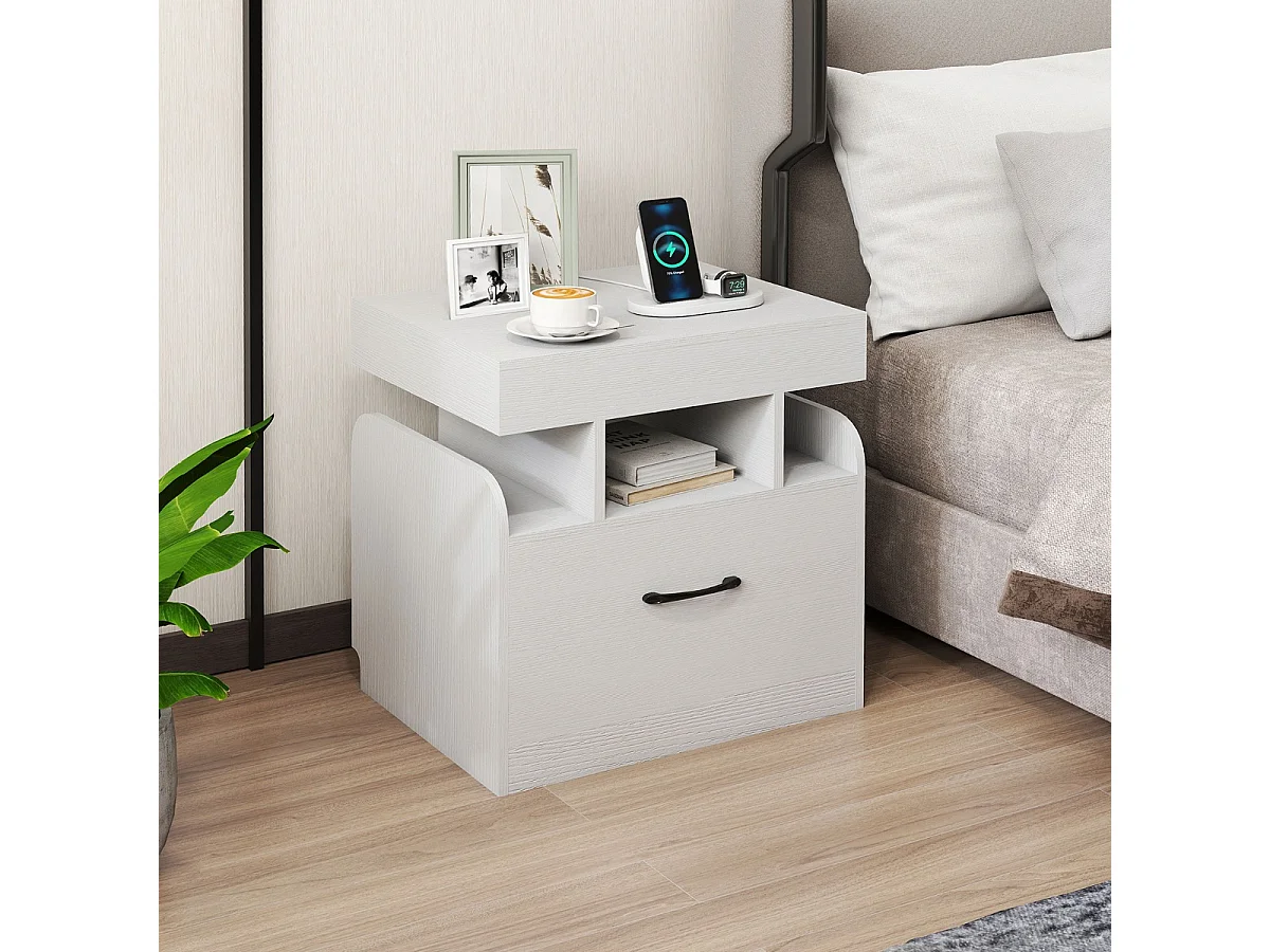 Table de Chevet avec Station de Charge & Rangement Supérieur Coulissant Table d'Appoint avec Plateau & Étagères Ouvertes Blanc