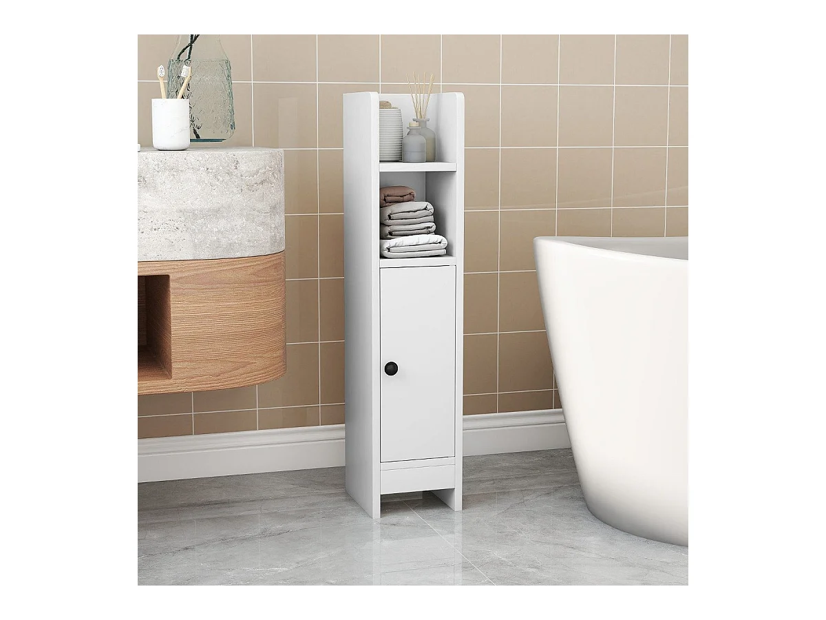 Armoire de toilette étroite avec 2 compartiments ouverts & 2 étagères amovibles Armoire de salle de bain blanche
