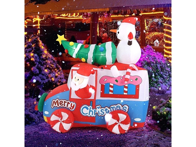 Père Noël Gonflable de 177 cm sur Une Voiture avec Bonhomme de Neige Décoration de Noël avec Sapin de Noël et Couronne 5 LED