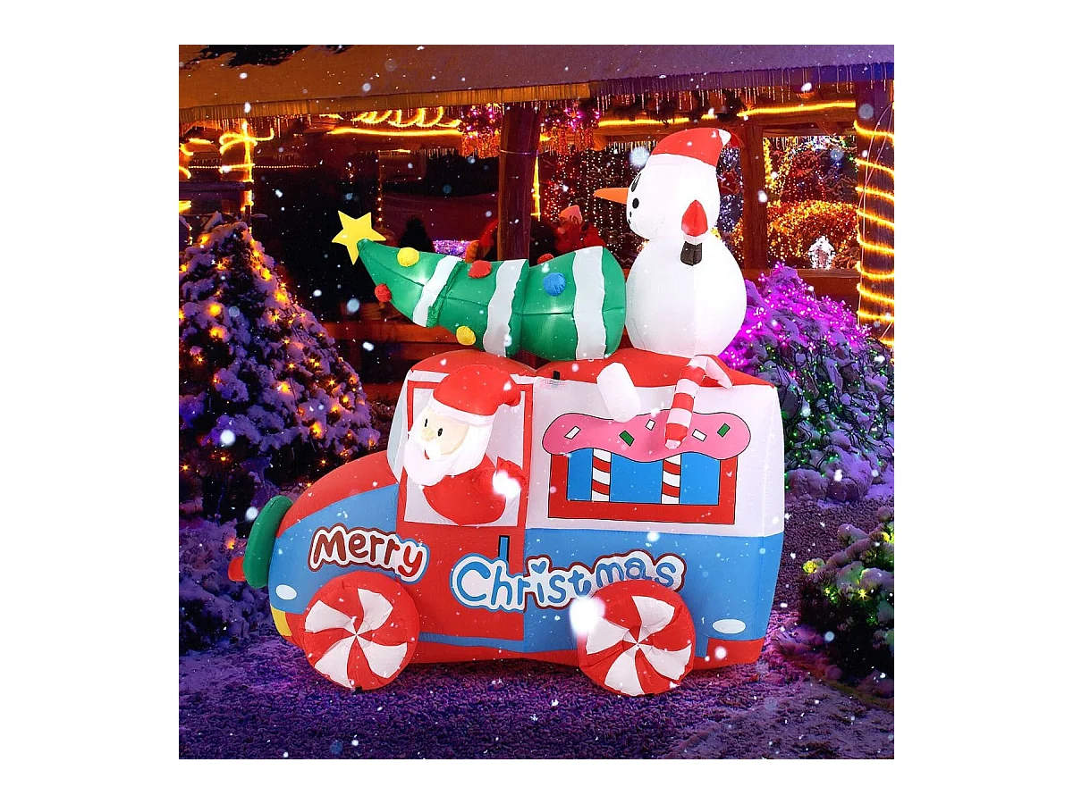 Père Noël Gonflable de 177 cm sur Une Voiture avec Bonhomme de Neige Décoration de Noël avec Sapin de Noël et Couronne 5 LED