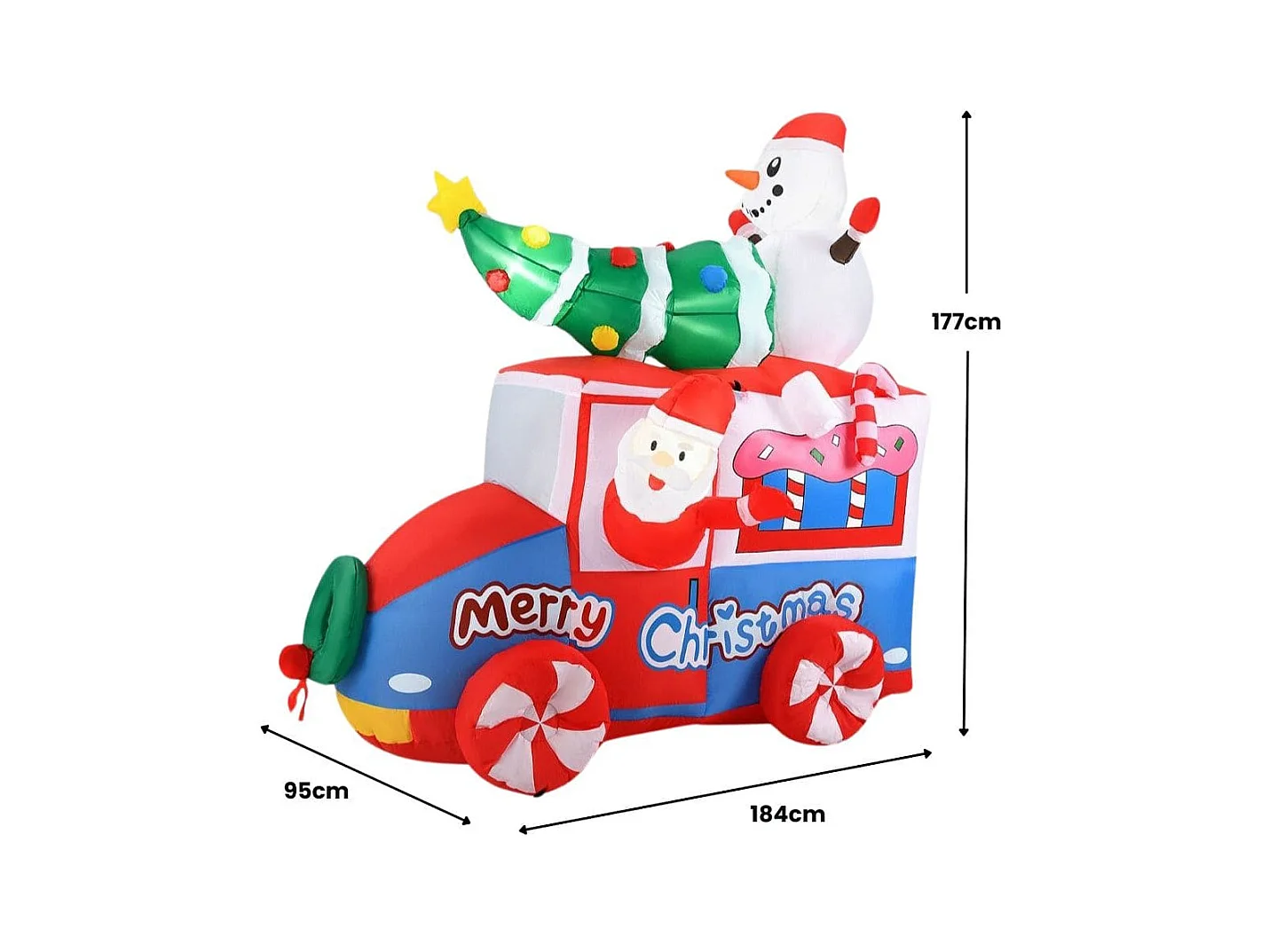 Père Noël Gonflable de 177 cm sur Une Voiture avec Bonhomme de Neige Décoration de Noël avec Sapin de Noël et Couronne 5 LED