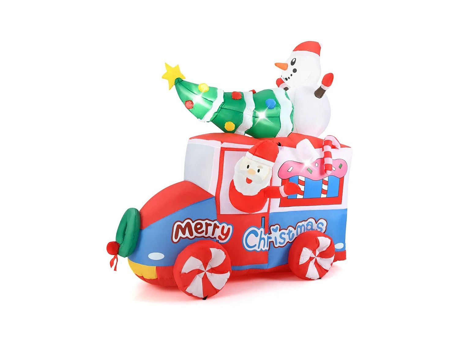 Père Noël Gonflable de 177 cm sur Une Voiture avec Bonhomme de Neige Décoration de Noël avec Sapin de Noël et Couronne 5 LED