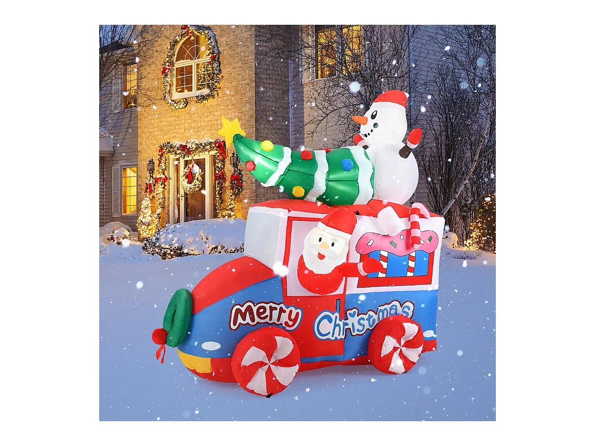 Père Noël Gonflable de 177 cm sur Une Voiture avec Bonhomme de Neige Décoration de Noël avec Sapin de Noël et Couronne 5 LED