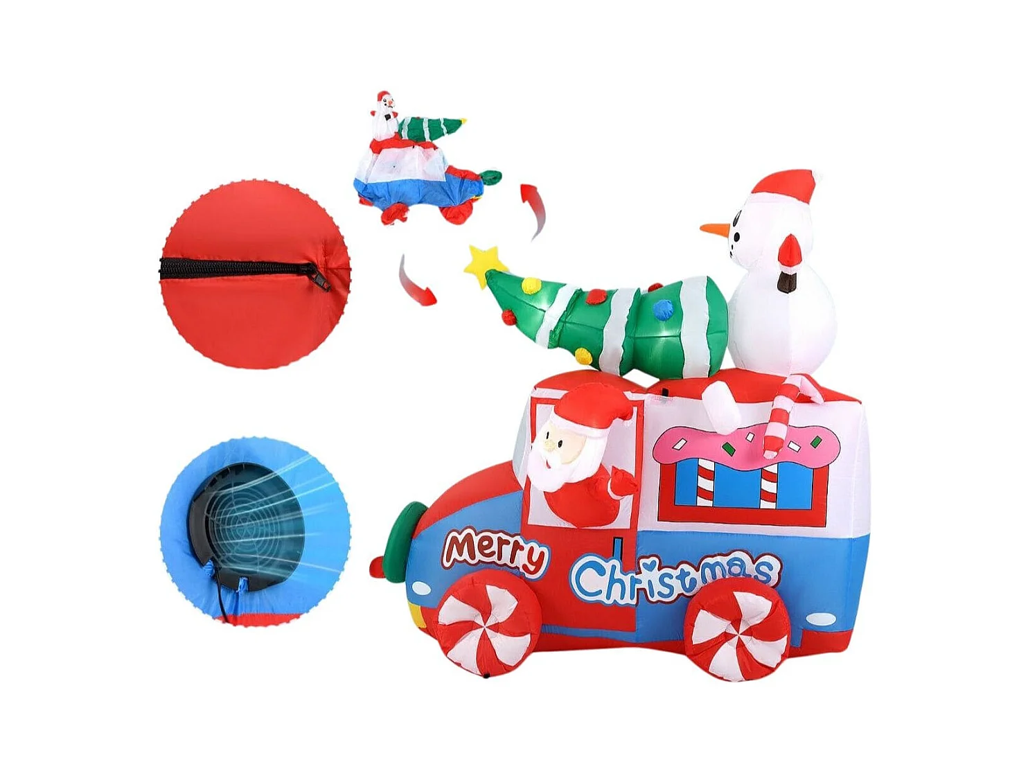 Père Noël Gonflable de 177 cm sur Une Voiture avec Bonhomme de Neige Décoration de Noël avec Sapin de Noël et Couronne 5 LED