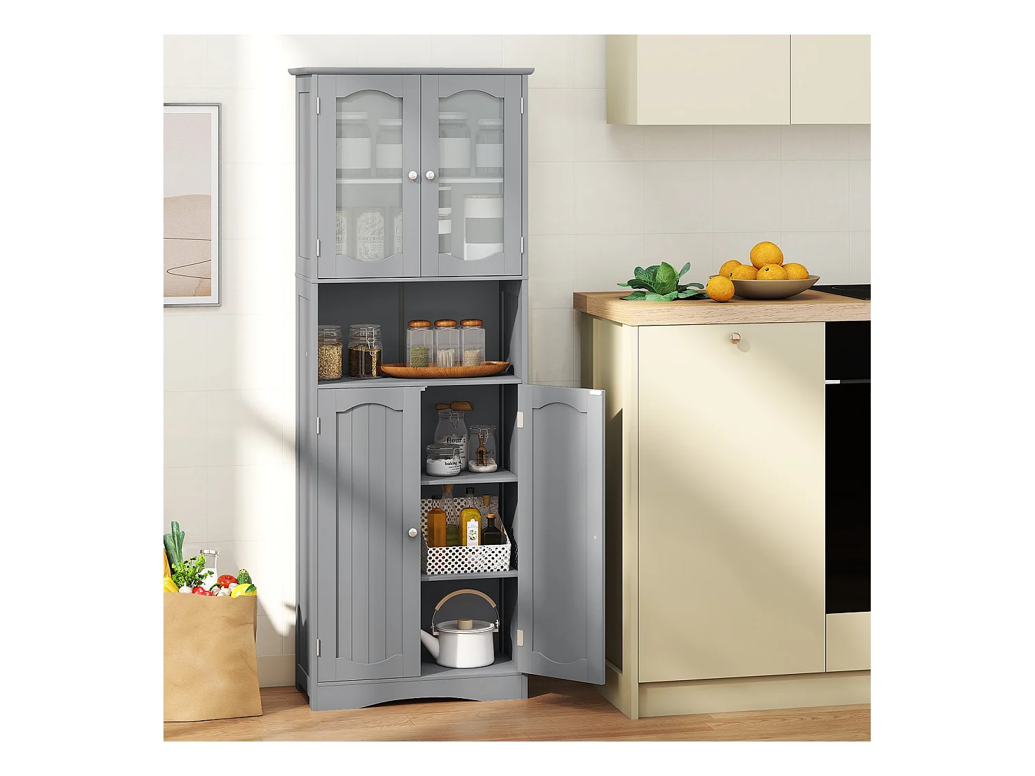 Armoire de salle de bains Armoire haute indépendante avec 4 portes & étagère réglable Armoire de salle de bains avec protection anti-basculement Gris 164 cm