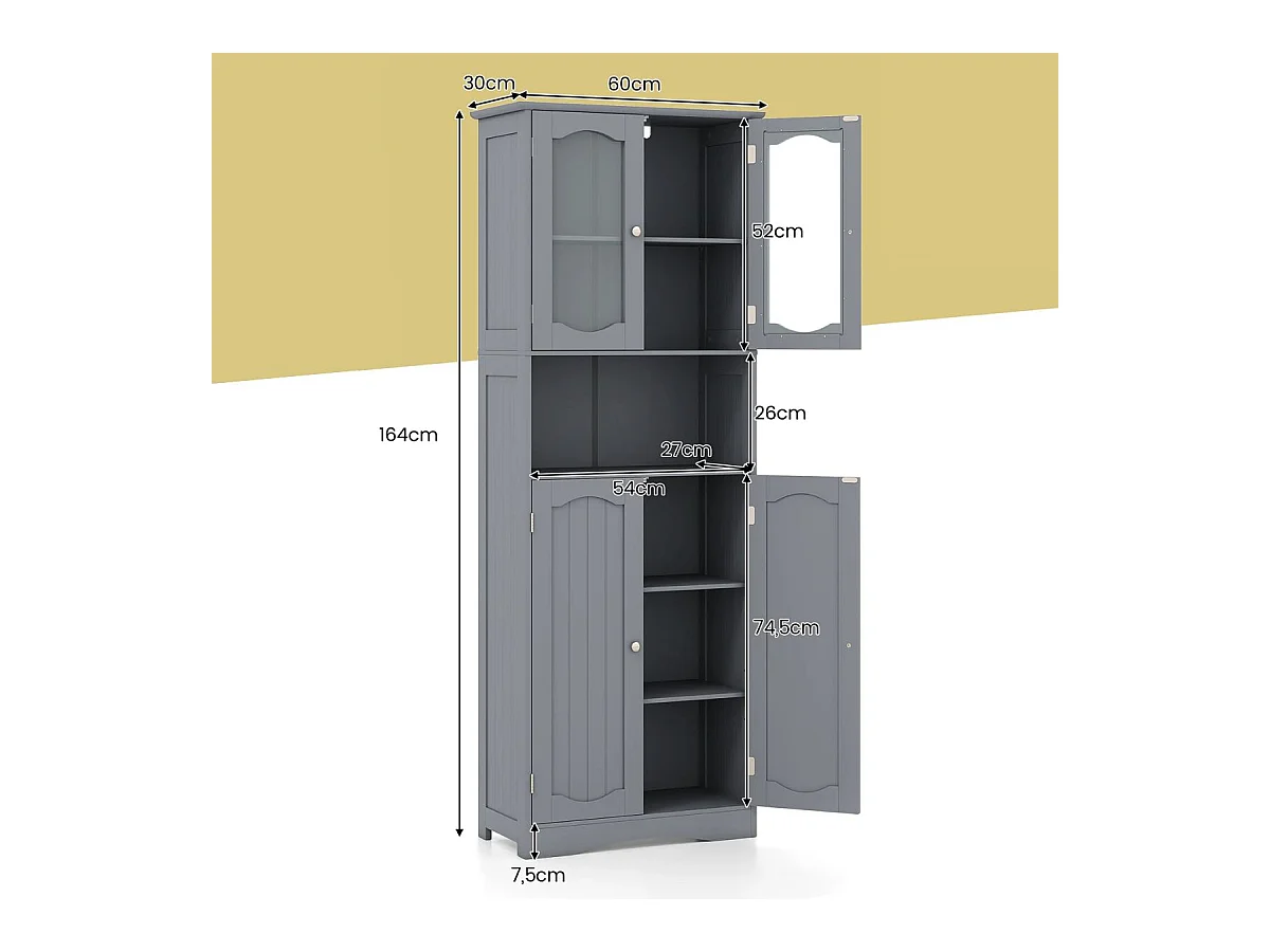 Armoire de salle de bains Armoire haute indépendante avec 4 portes & étagère réglable Armoire de salle de bains avec protection anti-basculement Gris 164 cm